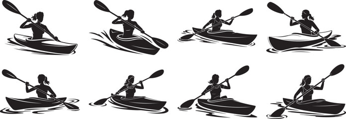 A group of  Woman Kayaking silhouette vector, black and white silhouette vector illustration