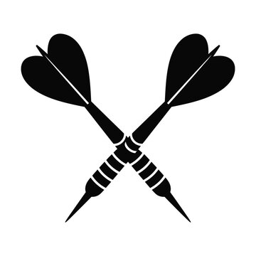 Two crossed black silhouette darts isolated on a white background representing competition and precision