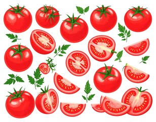 Collection of whole and sliced red tomatoes with green leaves on white background