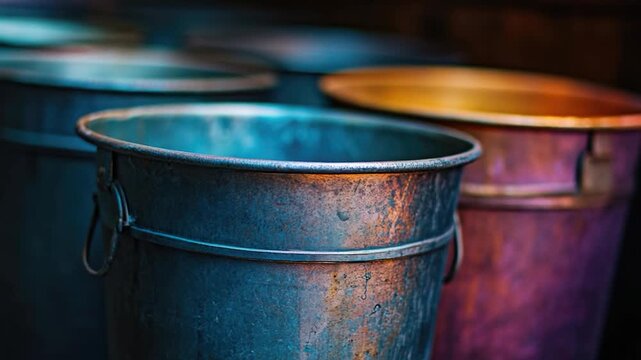 Three metal buckets on a table, detailed shot
