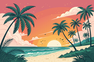 Stunning Tropical Beach With Palm Trees And Sunset Sky Professional Photo