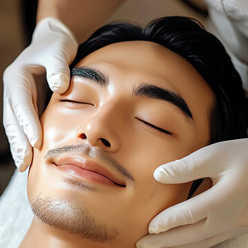 handsome Asian man enjoys facial treatment, relaxing with closed eyes as professional applies skincare. is calm and rejuvenating, highlighting self care
