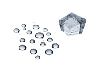 Ultra close-up macro of transparent water droplets (spheres, ovals, teardrops) and a melting ice shard on crystal-clear glass, against a clean transparent background, studio lit, concept of purity and