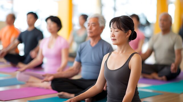 Group of Diverse Asian People Practicing Yoga and Meditation Indoors with Hands in Namaste Pose
