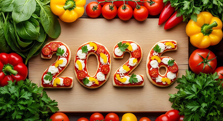 Healthy new year 2020 food arrangement with fresh vegetables