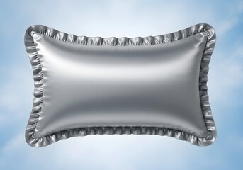 A luxurious silver pillow with ruffled edges floats against a soft blue sky, creating a serene and inviting scene.