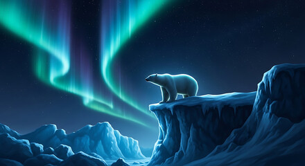 Polar bear standing on ice cliff watching vibrant aurora borealis sky