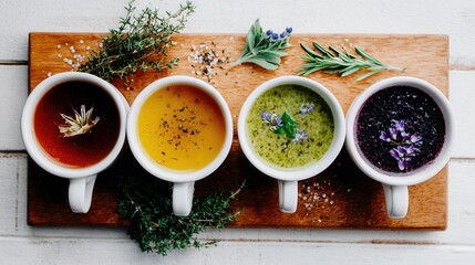 Colorful herbal teas in mugs with fresh herbs