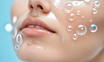 Close Up of Young Woman's Face with Water Droplets on Light Blue Background