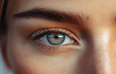 close up view of woman eye, intricate details and vibrant colors. eye features striking blue iris with hints of amber, surrounded by long eyelashes and smooth skin
