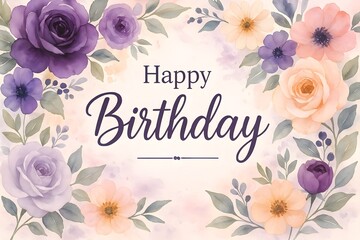Watercolor floral wreath with "Happy Birthday" calligraphy, elegant celebration design for cards and invitations.