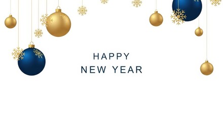 Happy new year festive new years eve celebration with hanging ornaments and snowflakes, isolated on white background