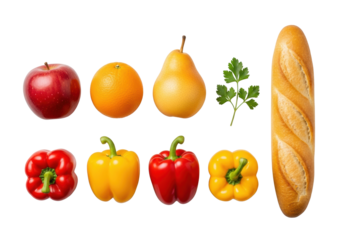 Perfectly ripe red apple, vibrant orange, golden pear, fresh baguette, red and yellow bell peppers, green parsley arranged on transparent, studio lighting, Concept of culinary delight and fresh