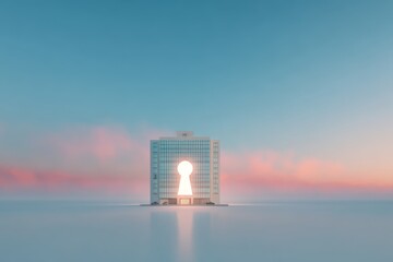 Isolated modern office building with a keyhole icon, symbolizing security, privacy, and access.