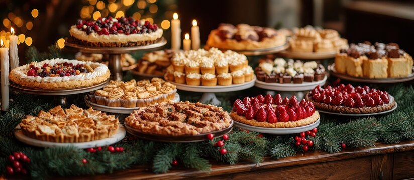 Festive dessert table with various pies, tarts, cakes, and pastries.