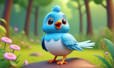 Cute Blue Bird Standing on Stone in Green Forest with Pink Flowers