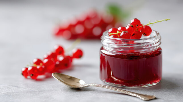 Red currant jam in glass jar with fresh berries and silver spoon on gray surface, vibrant and fresh food concept