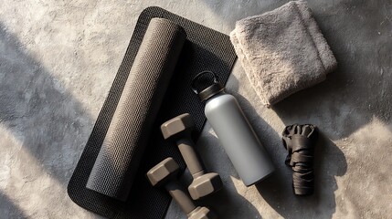 Flat Lay of Fitness Gear with Dumbbells, Yoga Mat and Water Bottle