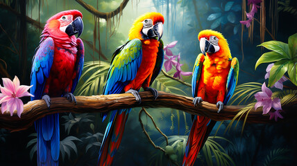 Colorful Macaw Parrot Picture. Macaw parrot on a green tree in its natural habitat.