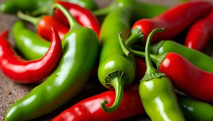 High-contrast photo of assorted red and green chili peppers. Natural lighting accentuates their glossy skins and vibrant colors, evoking spice, intensity, and vitality.