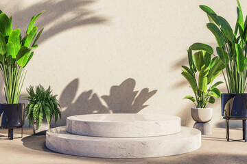 Outdoor Stone Podium with Tropical Plants and Shadows.3d rendering