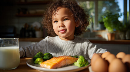Child eating healthy food with salmon broccoli and milk in kitchen natural light