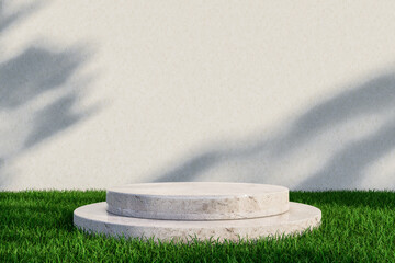 Stone Podium with Green Grass and Shadows in Minimal Scene. 3d rendering
