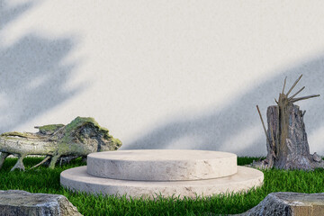 Outdoor Stone Podium with Tree Stumps and Mossy Roots. 3d rendering