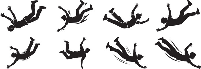 A group of  Falling man from sky silhouette vector, black and white silhouette vector illustration © Vector Visionary