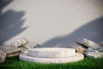 Minimal Stone Podium with Natural Rocks and Grass. 3d rendering