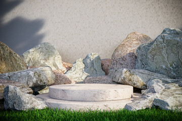 Stone Podium Surrounded by Large Natural Rocks in Garden Scene. 3d rendering