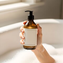 man taking a shower bottle in bath