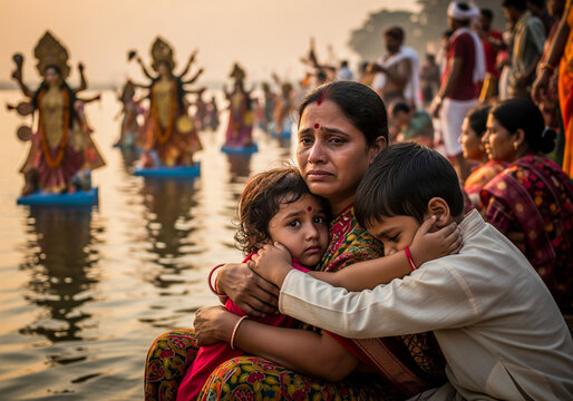 Farewell Embrace of Bijoya Dashami: Mother and Children in Tears during Goddess Durga Visarjan with Emotional Devotion symbolizing farewell, devotion, emotion, tradition, unity.