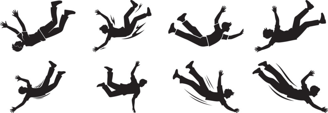 A group of  Falling man from sky silhouette vector, black and white silhouette vector illustration