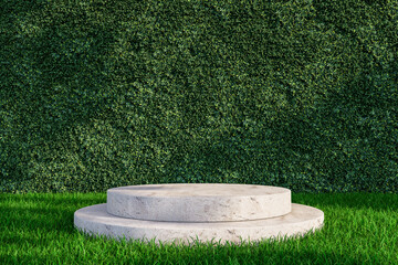Outdoor Stone Podium with Green Hedge Background and Grass. 3d rendering
