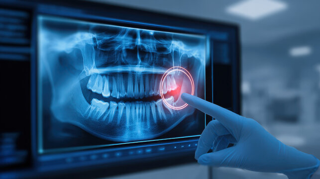 Dental x ray showing wisdom tooth pain highlighted with red circle and gloved hand pointing at it on screen