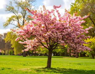 A vibrant pink cherry blossom tree in full bloom dominates a sunlit park scene