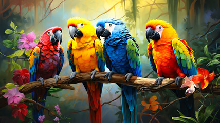 Macaws in the treetops of forest areas