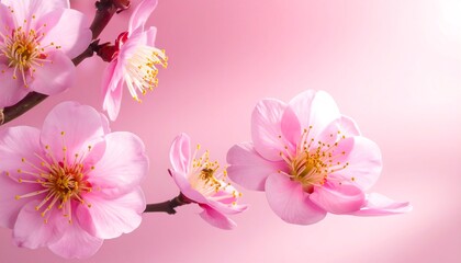 Delicate pink blossoms on a branch against a soft pink background