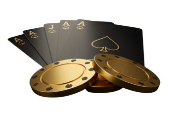 Golden casino chips and playing cards isolated on transparent background
