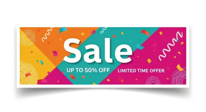 A colorful sale banner with up to 50 off and limited time offer text, featuring confetti and abstract shapes, isolated on white background