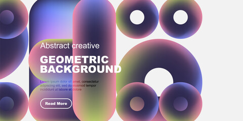 Vibrant geometric shapes overlap, creating colorful abstract background. Text promotes content with read more button.