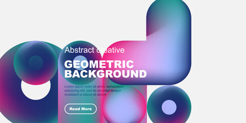 Abstract geometric shapes, vibrant colors, modern design. Text block with sample content, button present. Clean, minimalist aesthetic.