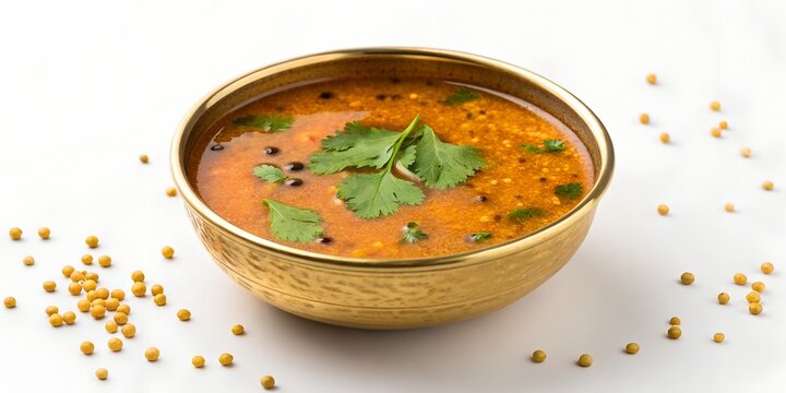 Tangy rasam in a small brass bowl, decorated with mustard seeds and coriander leave