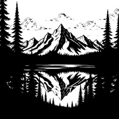 Fototapeta premium Vector art of a serene mountain landscape is reflected in the calm waters of a lake, surrounded by towering pine trees, creating a peaceful and picturesque scene of natures beauty