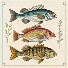 Fototapeta premium engraving vintage hand drawn fishes collection