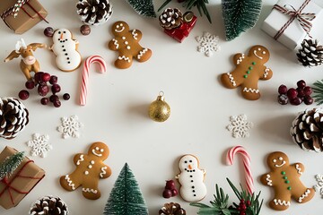Festive Christmas arrangement showcasing gingerbread men, presents, pinecones, snowflakes, and other holiday decorations on a white surface.