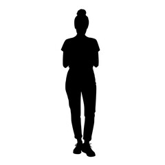 Obraz premium Vector art of a black silhouette of a woman standing with arms crossed and hair in a bun, , showcasing her posture and confident stance in a minimalist style