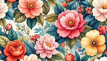 A vibrant seamless pattern featuring a profusion of realistically rendered flowers and leaves in varying colors and sizes, creating a lush and detailed floral design
