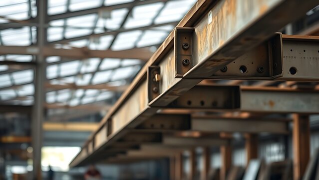 Industrial steel beams in a workshop setting, highlighted by soft natural light with a blurred background.